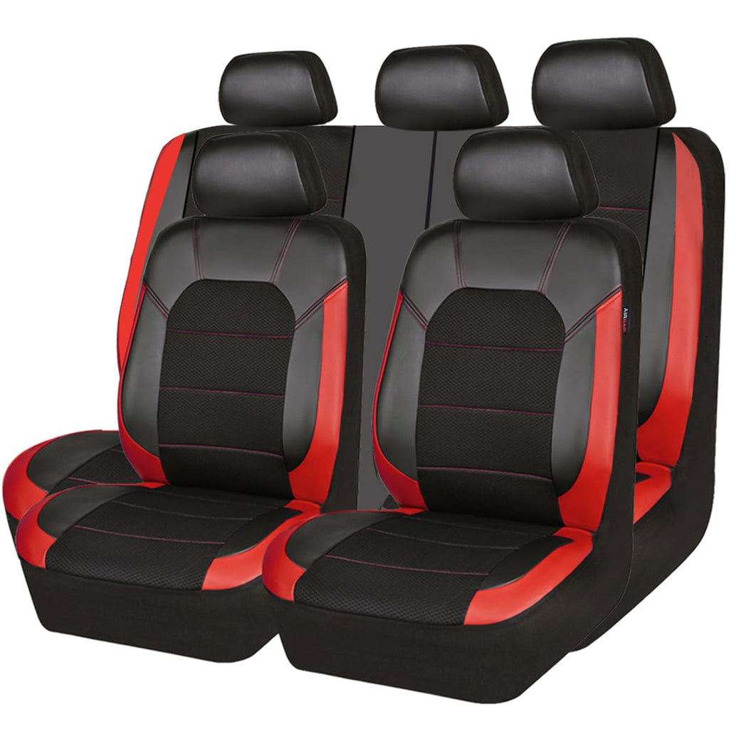 Universal Leather Car Seat Covers Full Set Black Red N81049