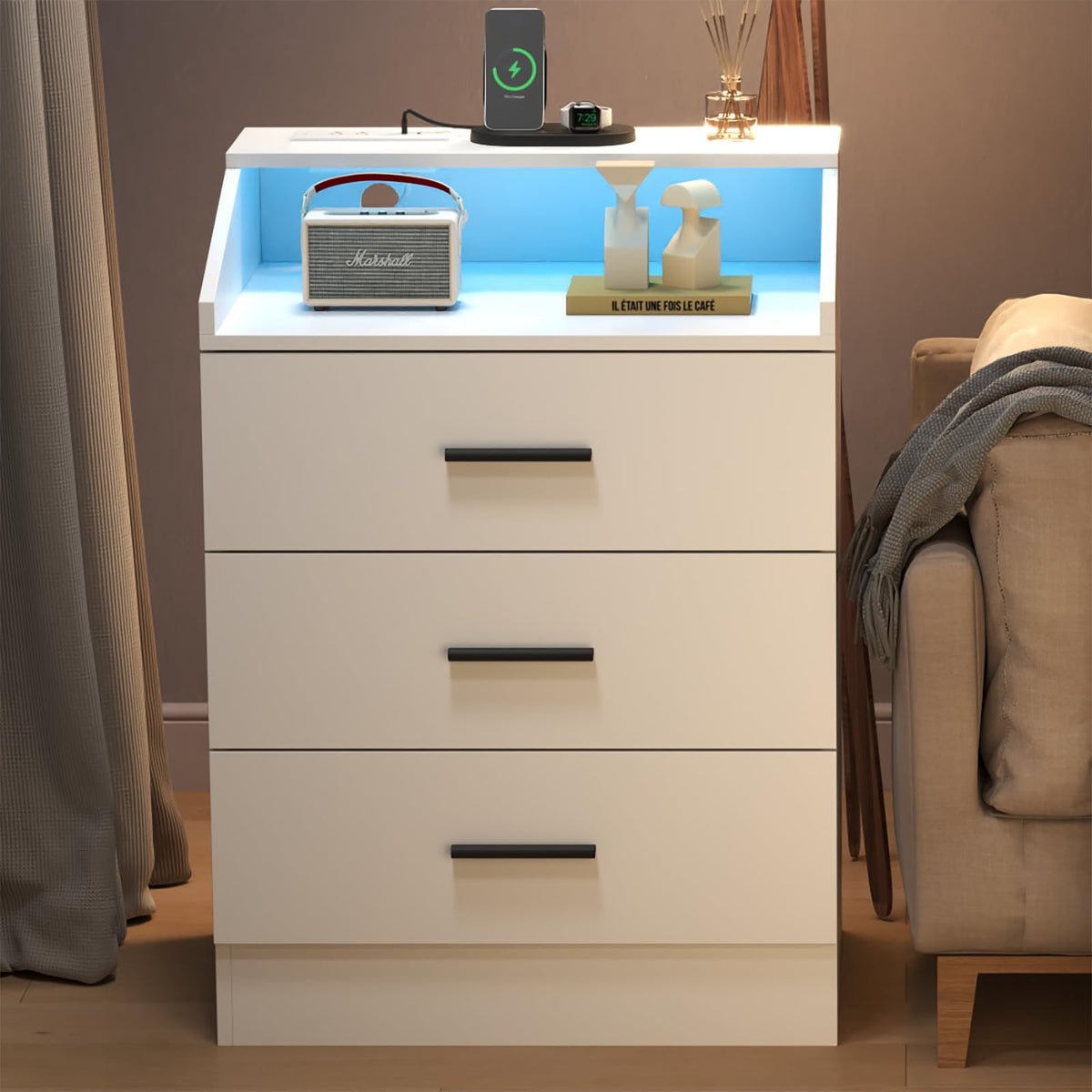 White 3 Drawer Nightstand with Charging Station Y9316