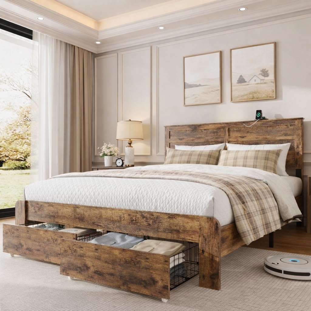 Queen Size Wooden Bed Frame with Storage Drawers W984