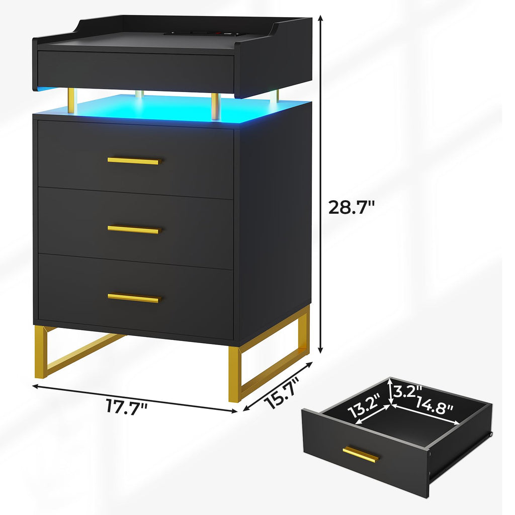 Black and Gold LED Nightstand with Charging Station S868084