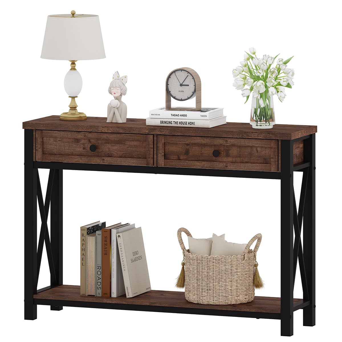 Rustic Oak 47 Inch Console Table with 2 Drawers Y335