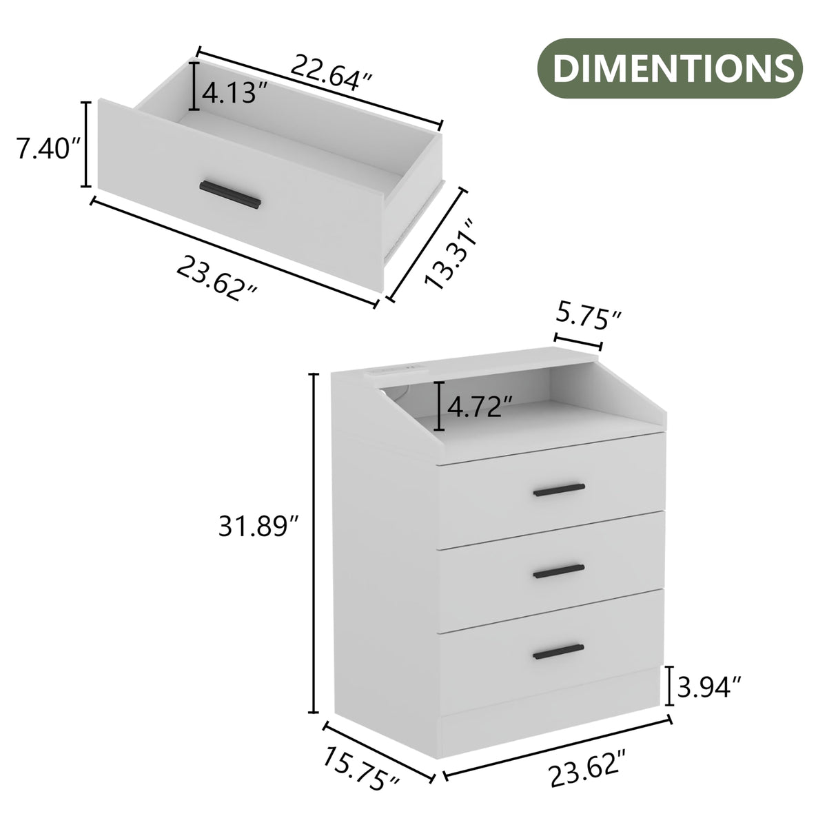 White 3 Drawer Nightstand with Charging Station Y9316