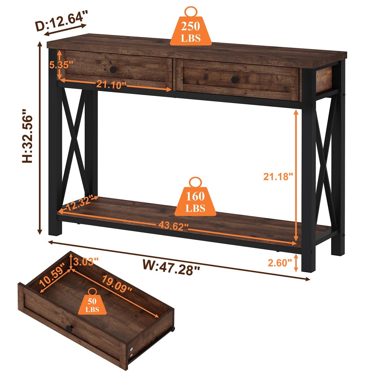 Rustic Oak 47 Inch Console Table with 2 Drawers Y335