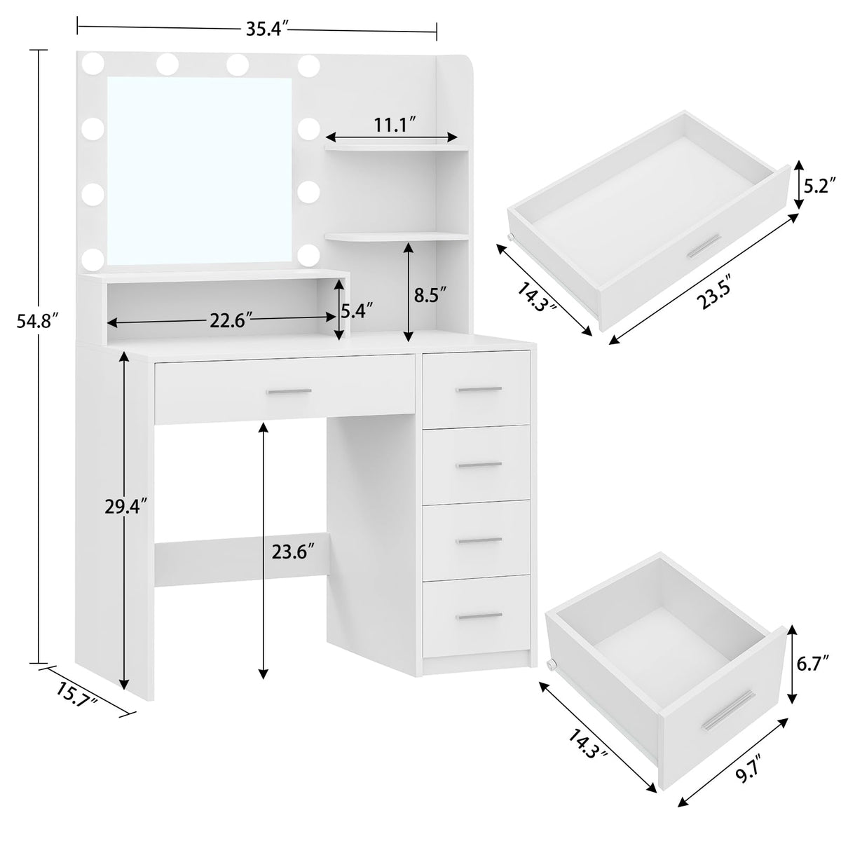 White Vanity Desk with Mirror & Lights, 5 Drawers & Storage Shelves D59728