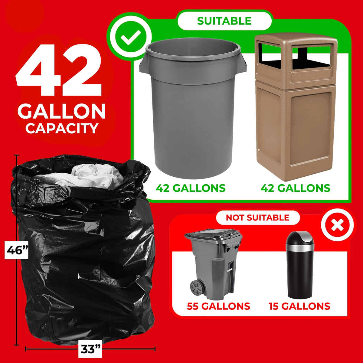 42 Gallon Heavy Duty Black 3 Mil Trash Bags, 50 Count I4887