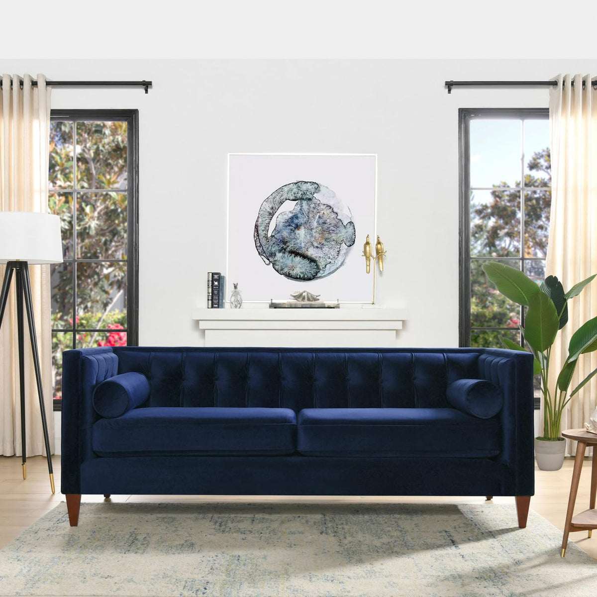 84" Tufted Navy Blue Velvet Sofa with Two Reversible Cushions N2149