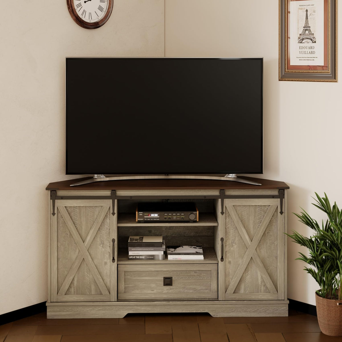 Corner TV Stand with Sliding Barn Door & Removable Shelves F2511