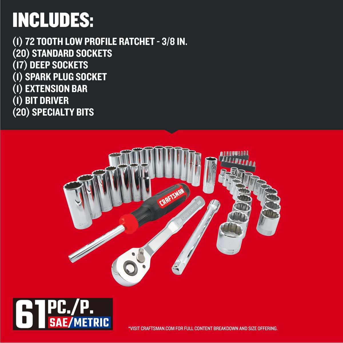 Mechanics Tool Set, 3/8 Inch Drive, 61 Piece P799