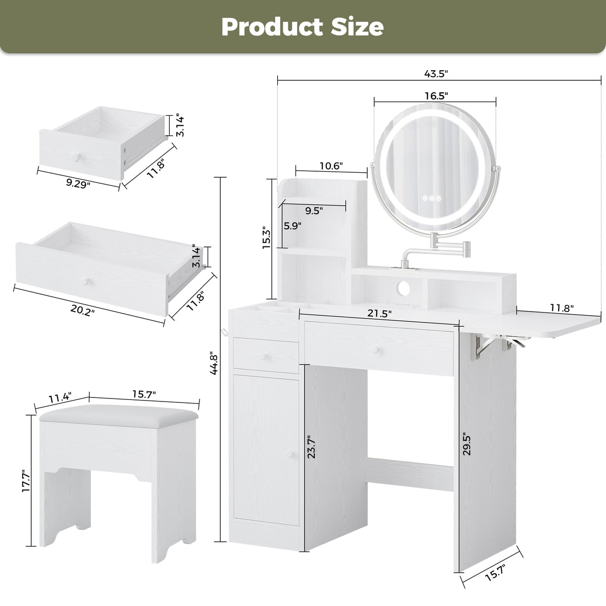 White Vanity Desk with Mirror & Power Outlet U745481
