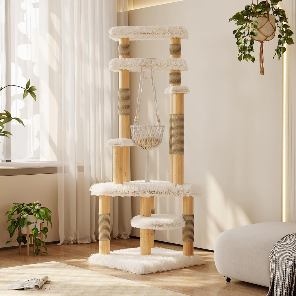 70" Solid Wooden Cat Tree Tower with Sisal Scratching Post & Hammock Q12365