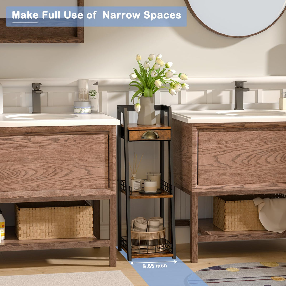 3-Tier Narrow Bathroom Shelves with Drawer S342