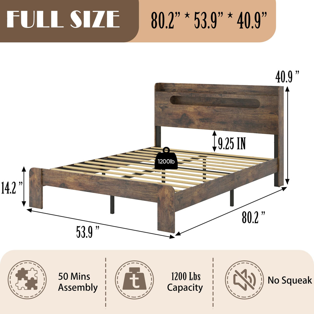 Wooden Full Bed Frame with Storage Headboard K136