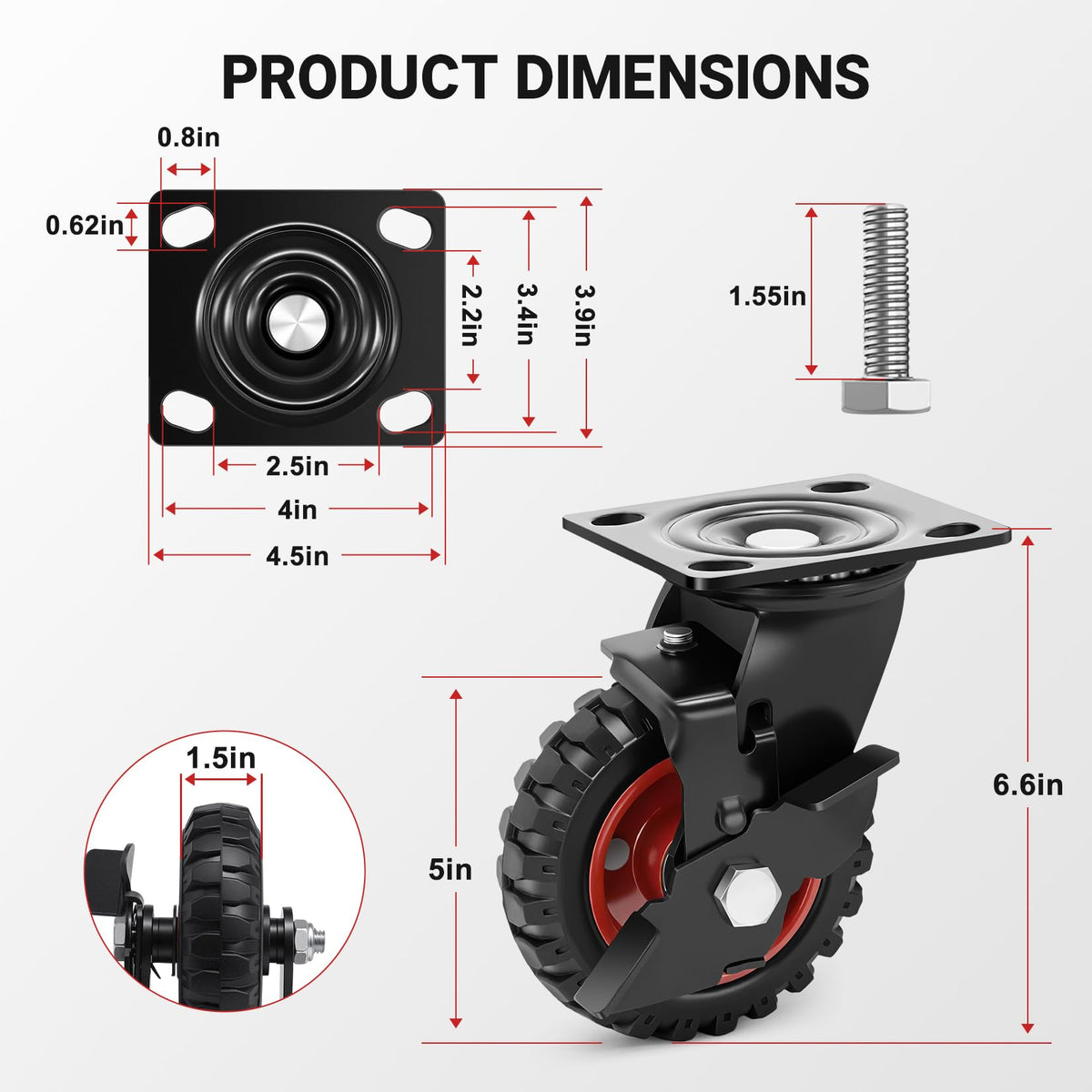 5 Inch Heavy Duty Rubber Casters Set of 4 with Brake Z221