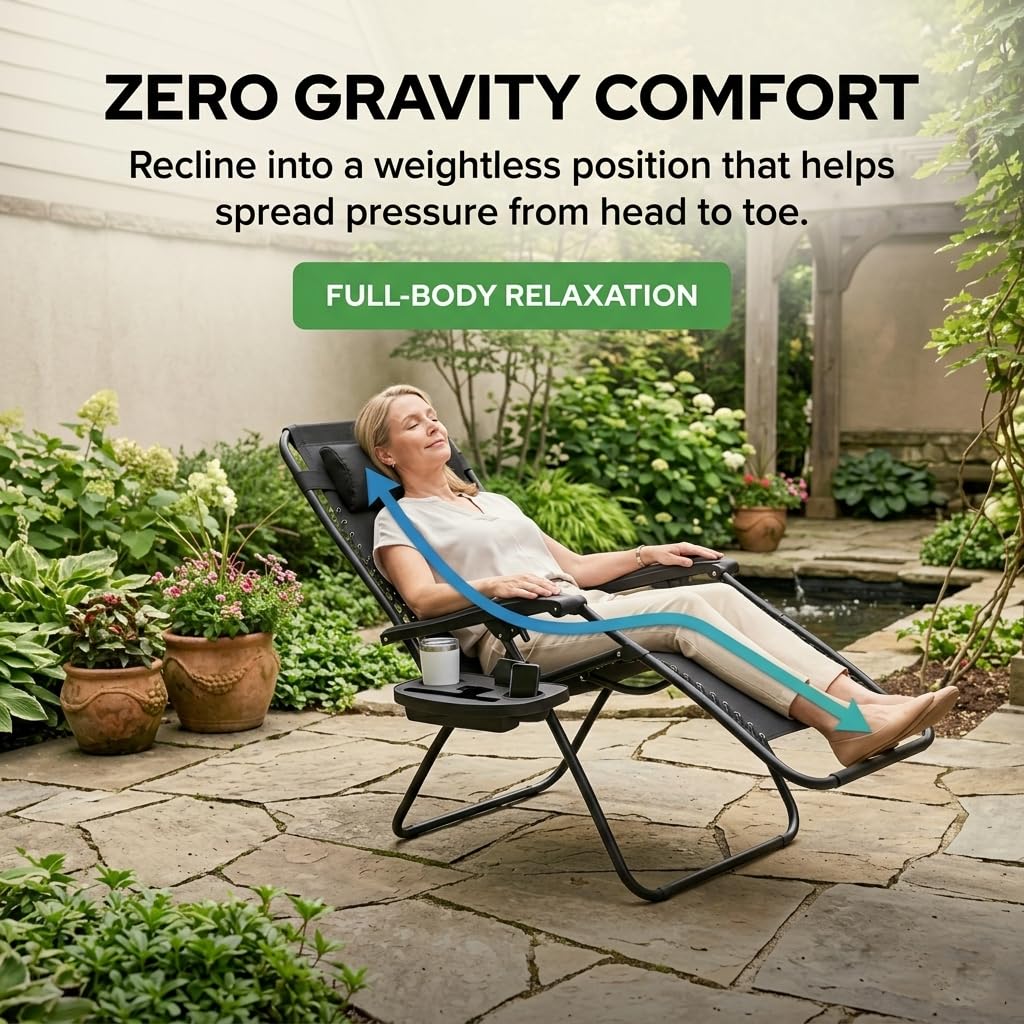 Black Zero Gravity Lounge Chair with Pillow & Cup Holder C3560