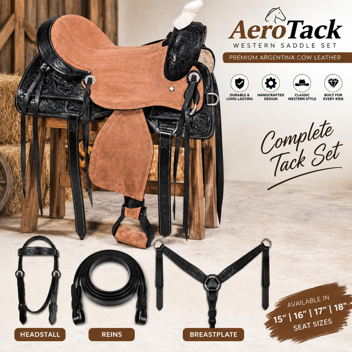 Argentina Cow Leather Saddle Set with Headstall, Reins & Breastplate W841390