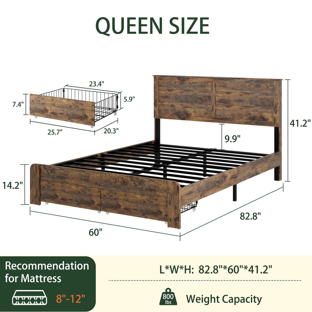 Queen Size Wooden Bed Frame with Storage Drawers W984