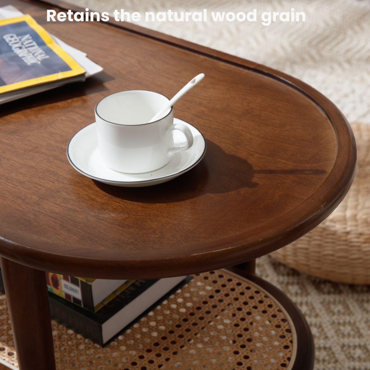 Oval 2-Tier Coffee Table with Rattan Storage Shelf U366314