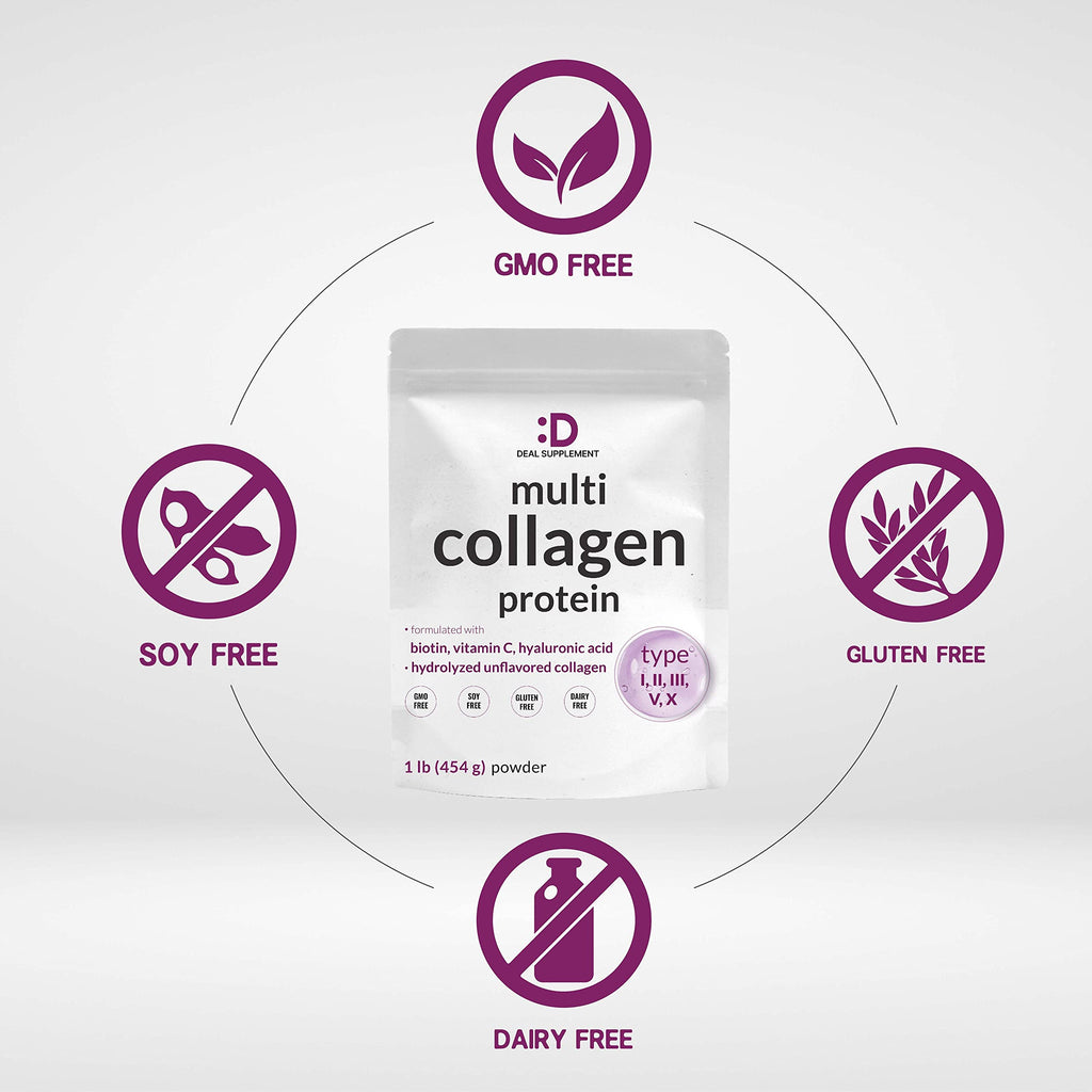 Multi Collagen Protein Powder, 1Lb Type I II III V X Peptides with Biotin Vitamin C & Hyaluronic Acid, Unflavored R60794