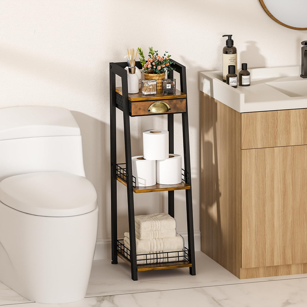 3-Tier Narrow Bathroom Shelves with Drawer S342
