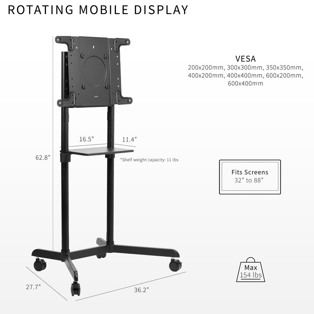 Black Mobile TV Cart for 32 to 88 inch Screens Z310
