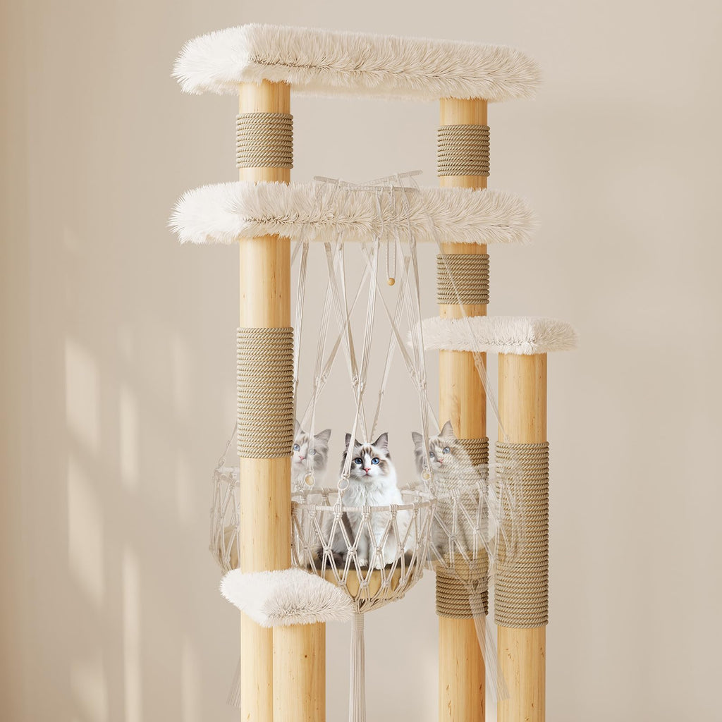 70" Solid Wooden Cat Tree Tower with Sisal Scratching Post & Hammock Q12365