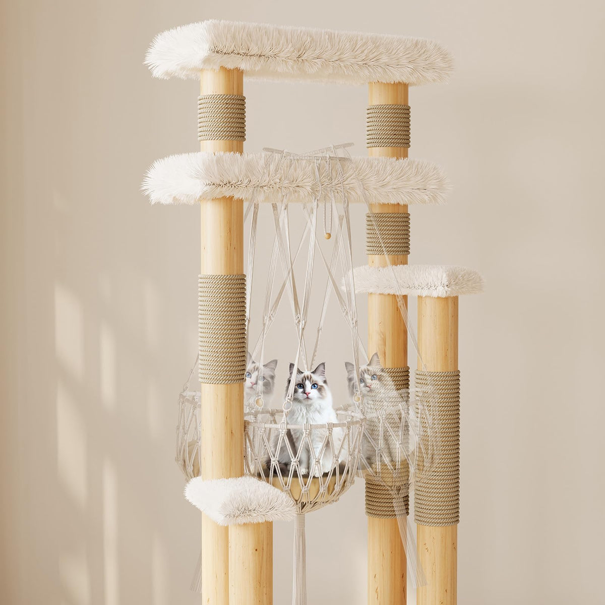 70" Solid Wooden Cat Tree Tower with Sisal Scratching Post & Hammock Q12365