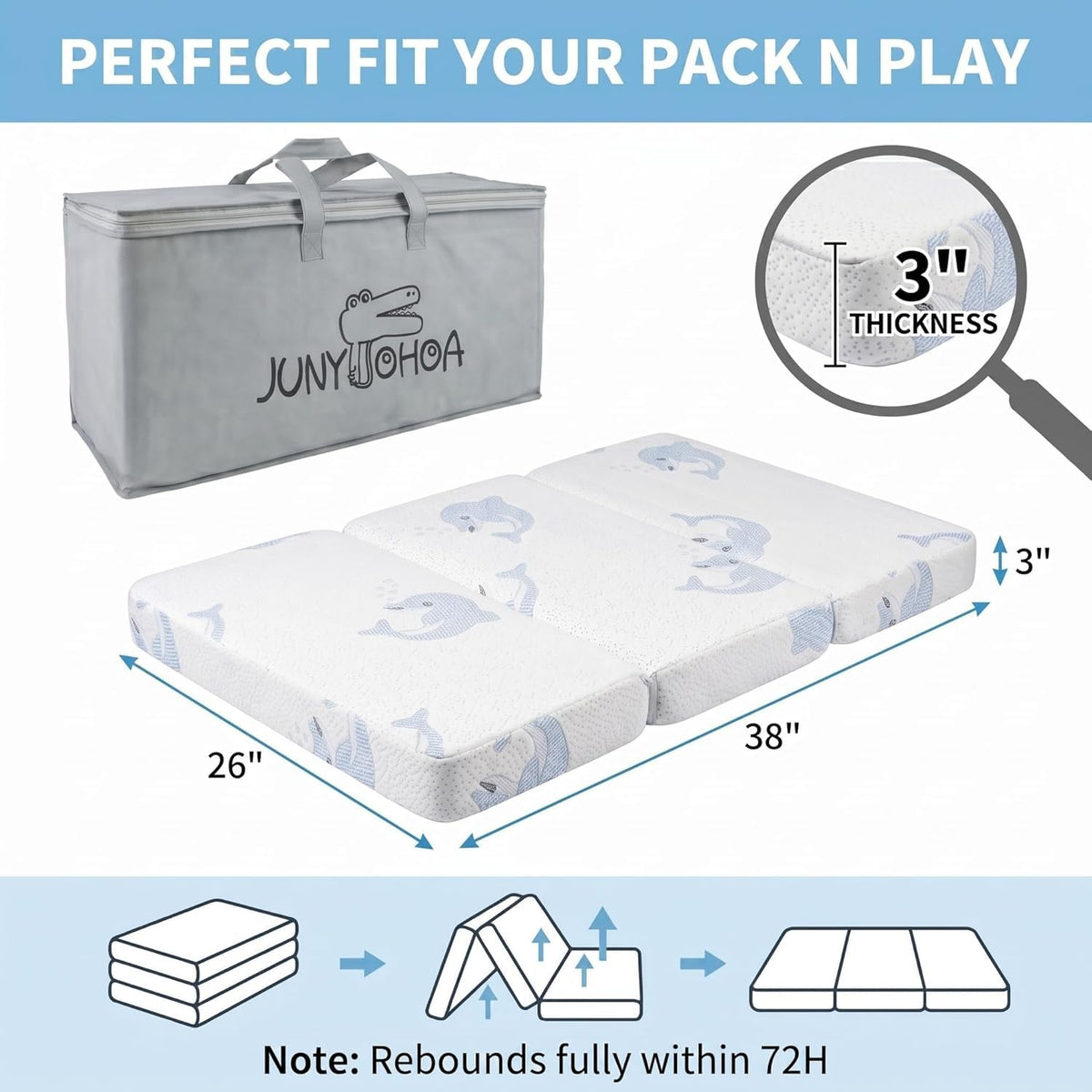 Trifold Pack and Play Mattress Topper, 38x26 Dual Firmness T4314