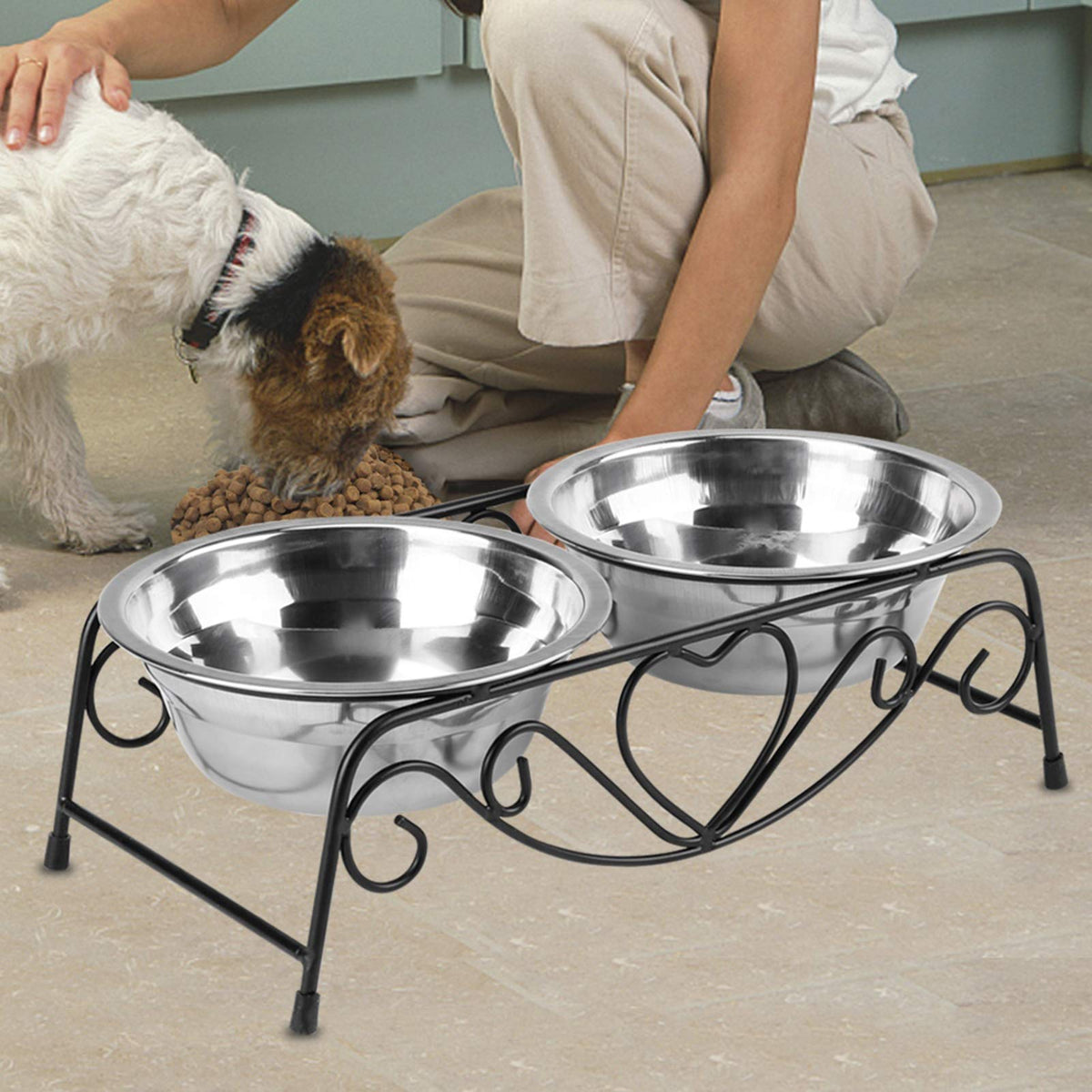 Double Stainless Steel Elevated Dog Bowls with Iron Stand P973168