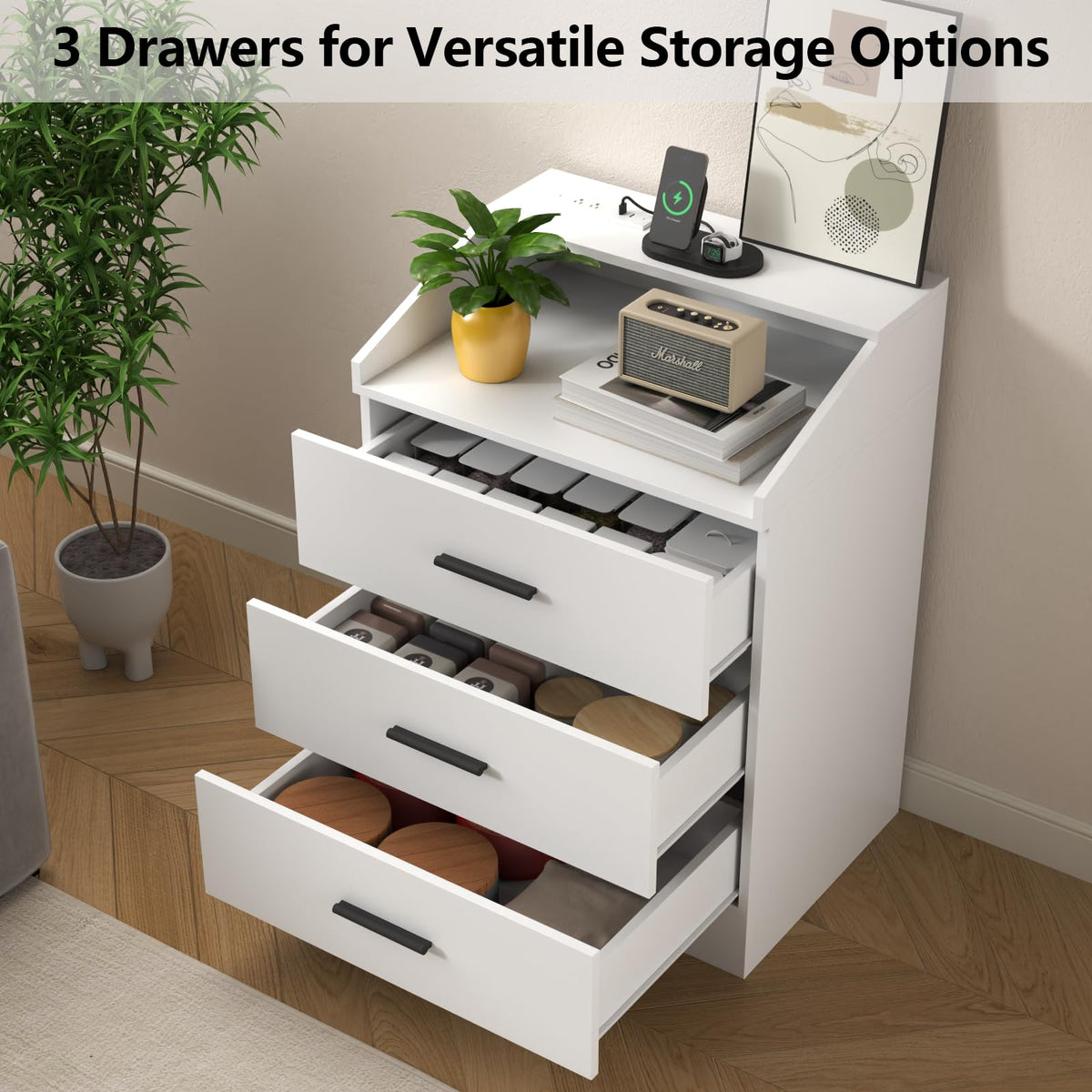 White 3 Drawer Nightstand with Charging Station Y9316