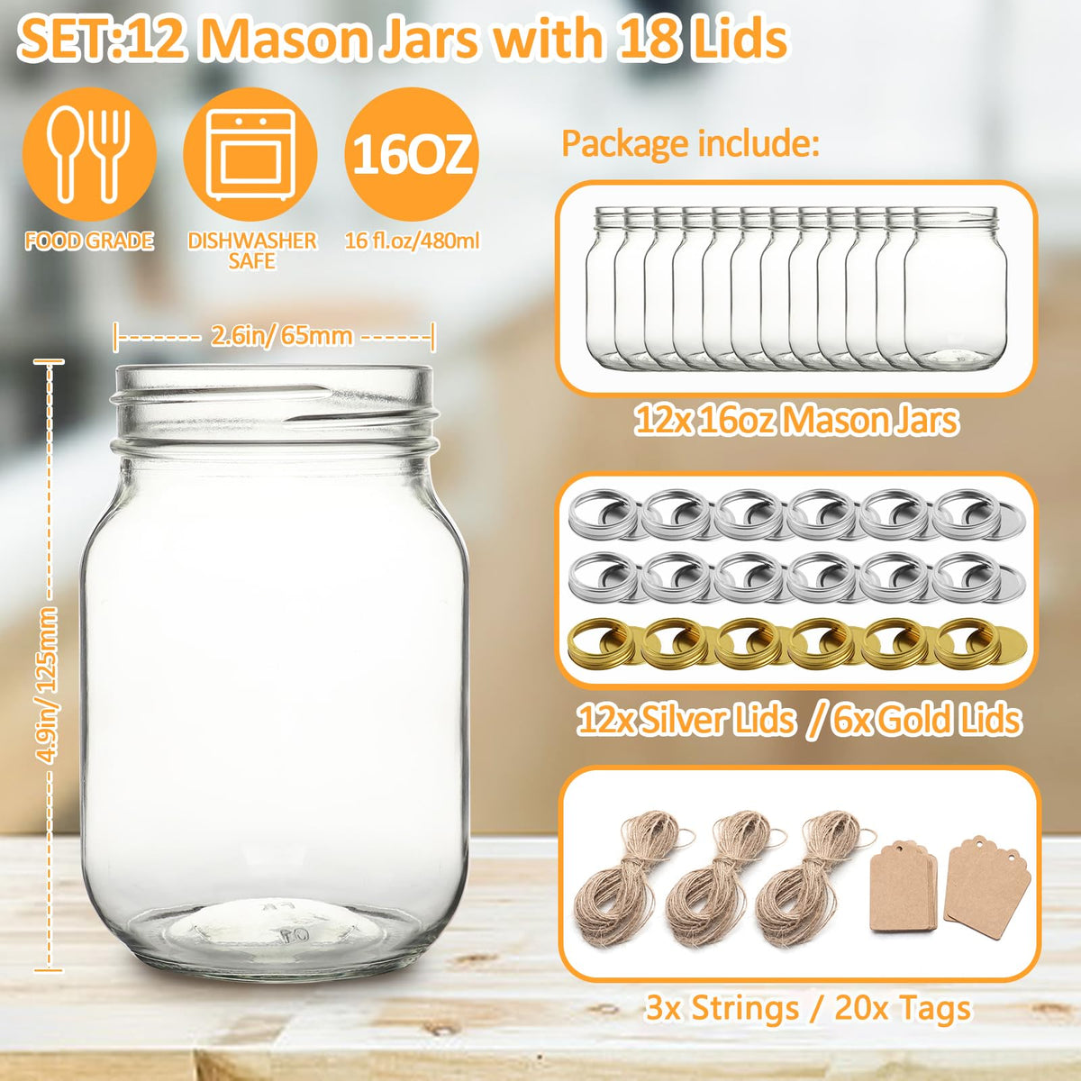 16 oz Wide Mouth Glass Mason Jars 12 Pack with Lids P631223