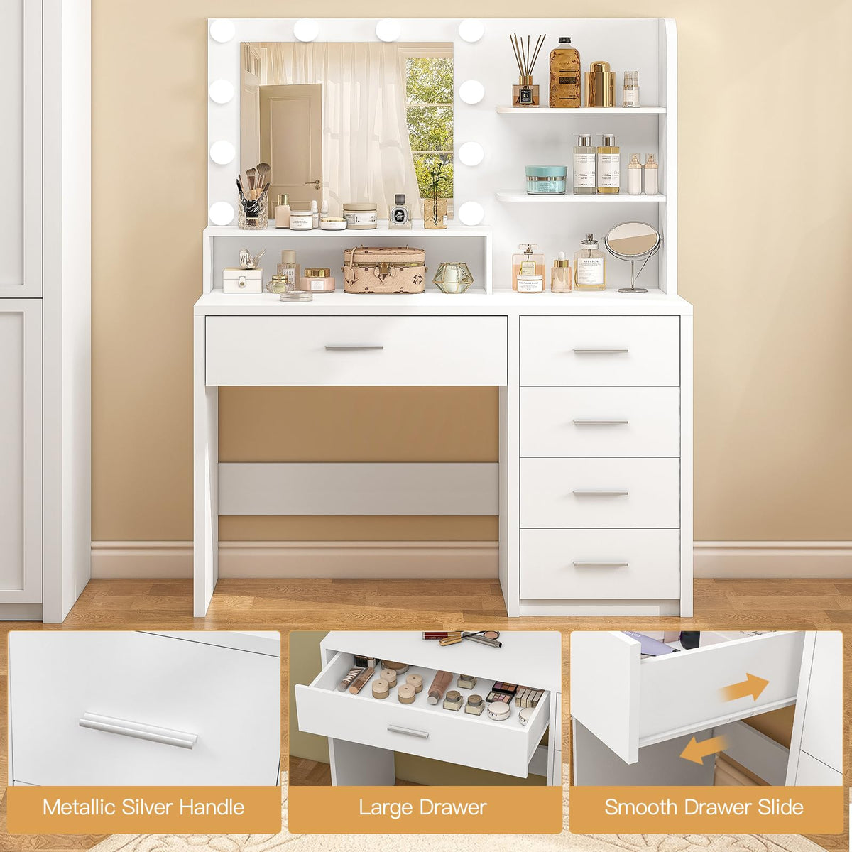 White Vanity Desk with Mirror & Lights, 5 Drawers & Storage Shelves D59728