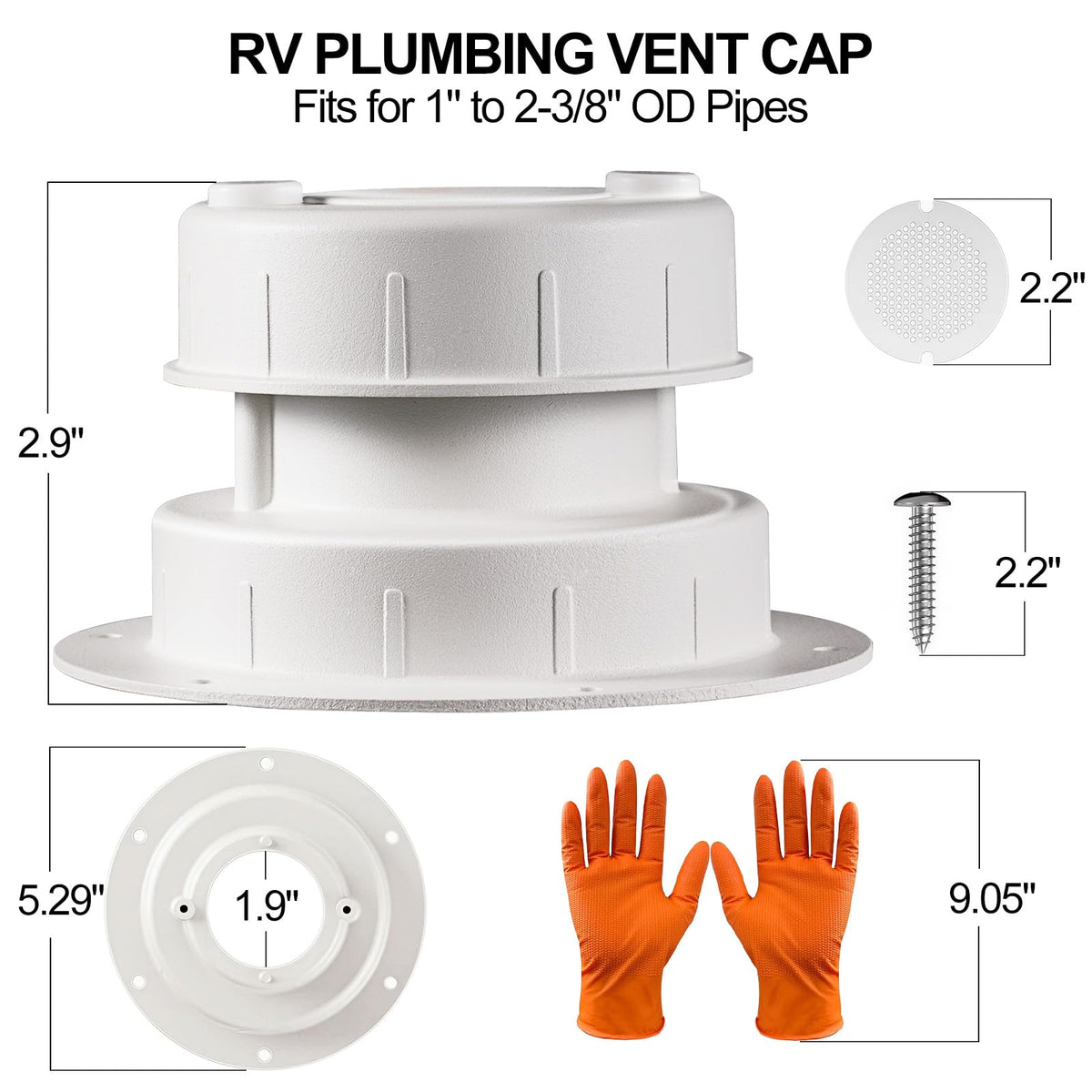 Aluminum RV Plumbing Vent Cap Kit with Screen White C9731