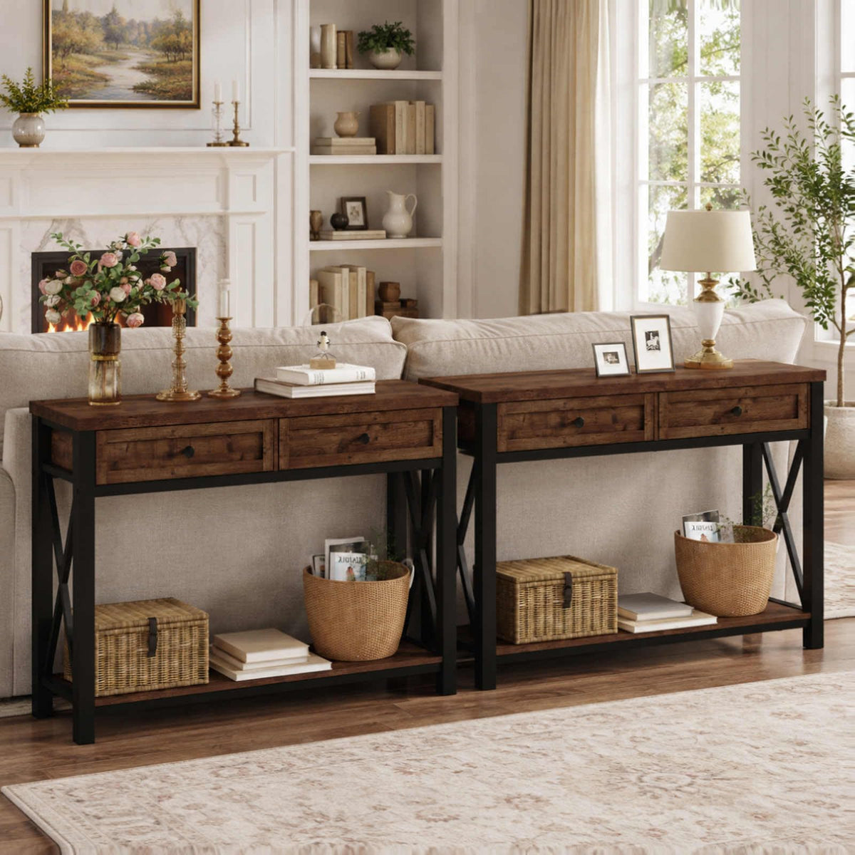 Rustic Oak 47 Inch Console Table with 2 Drawers Y335