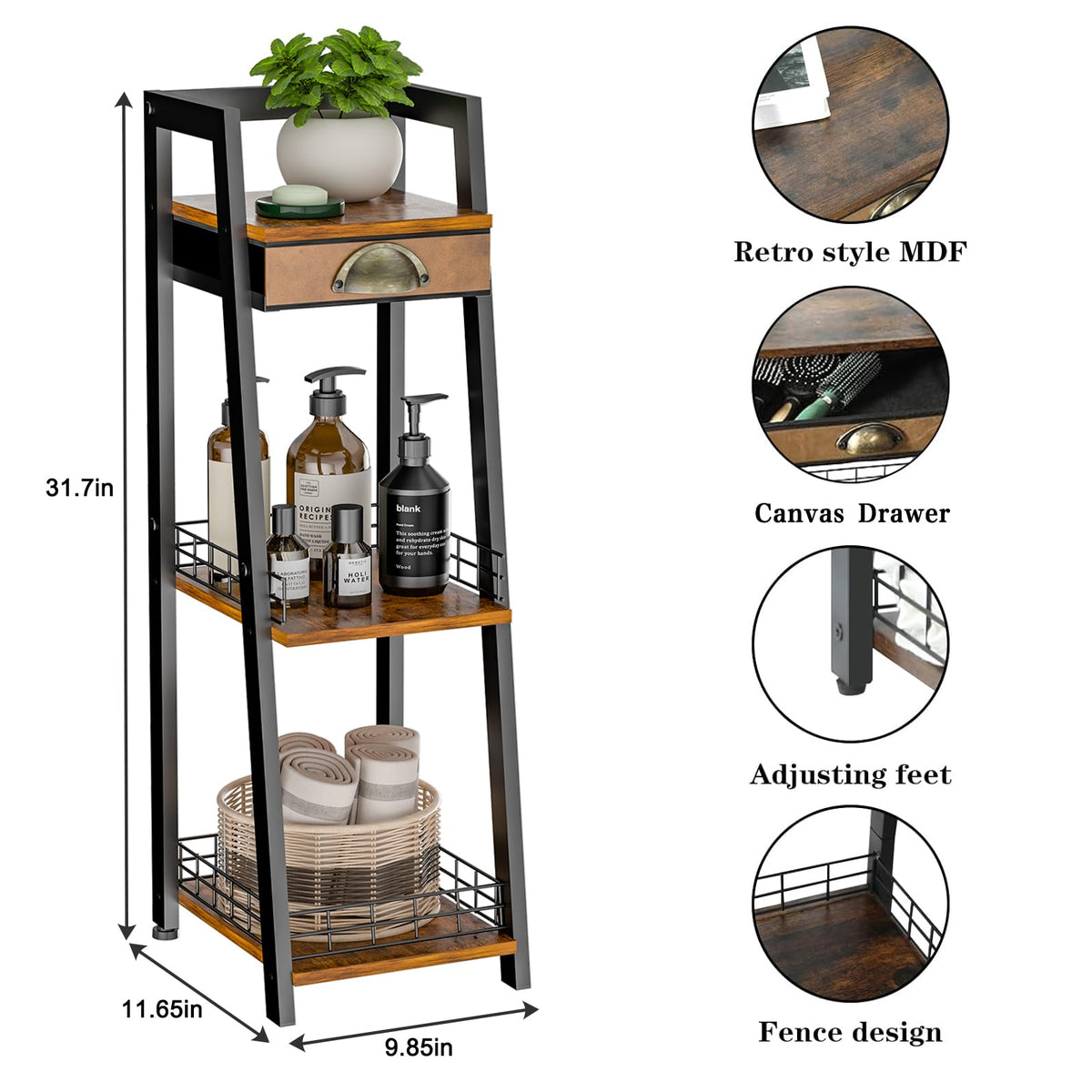 3-Tier Narrow Bathroom Shelves with Drawer S342