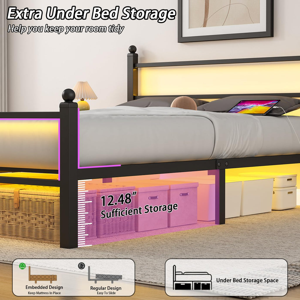Black Metal Full Size Bed Frame with Headboard and Footboard P67401
