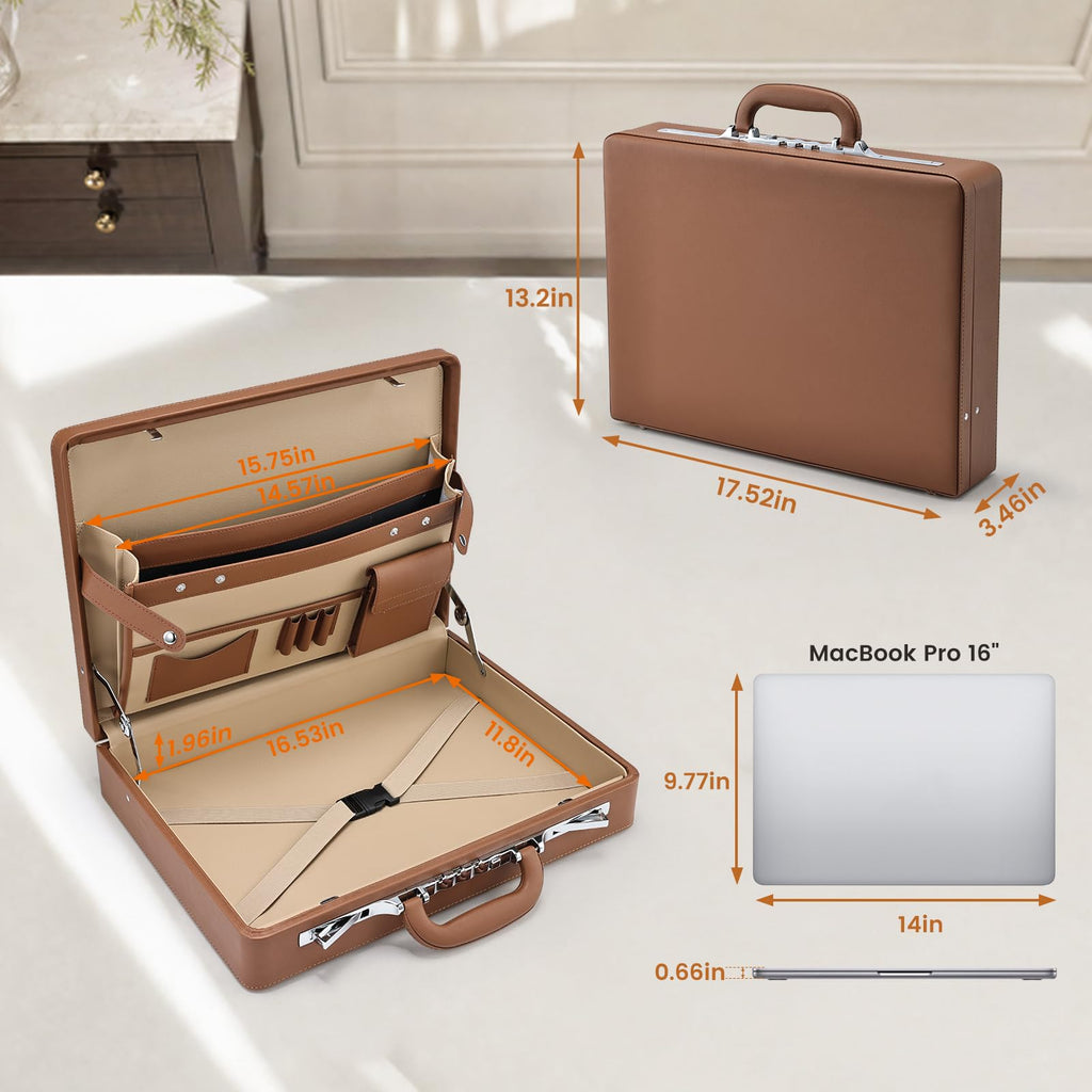 Brown Leather Briefcase with Lock for 16 Inch Laptop E544189