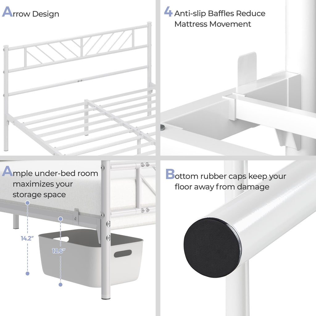 White Full Metal Platform Bed Frame with Arrow Design Headboard Q927