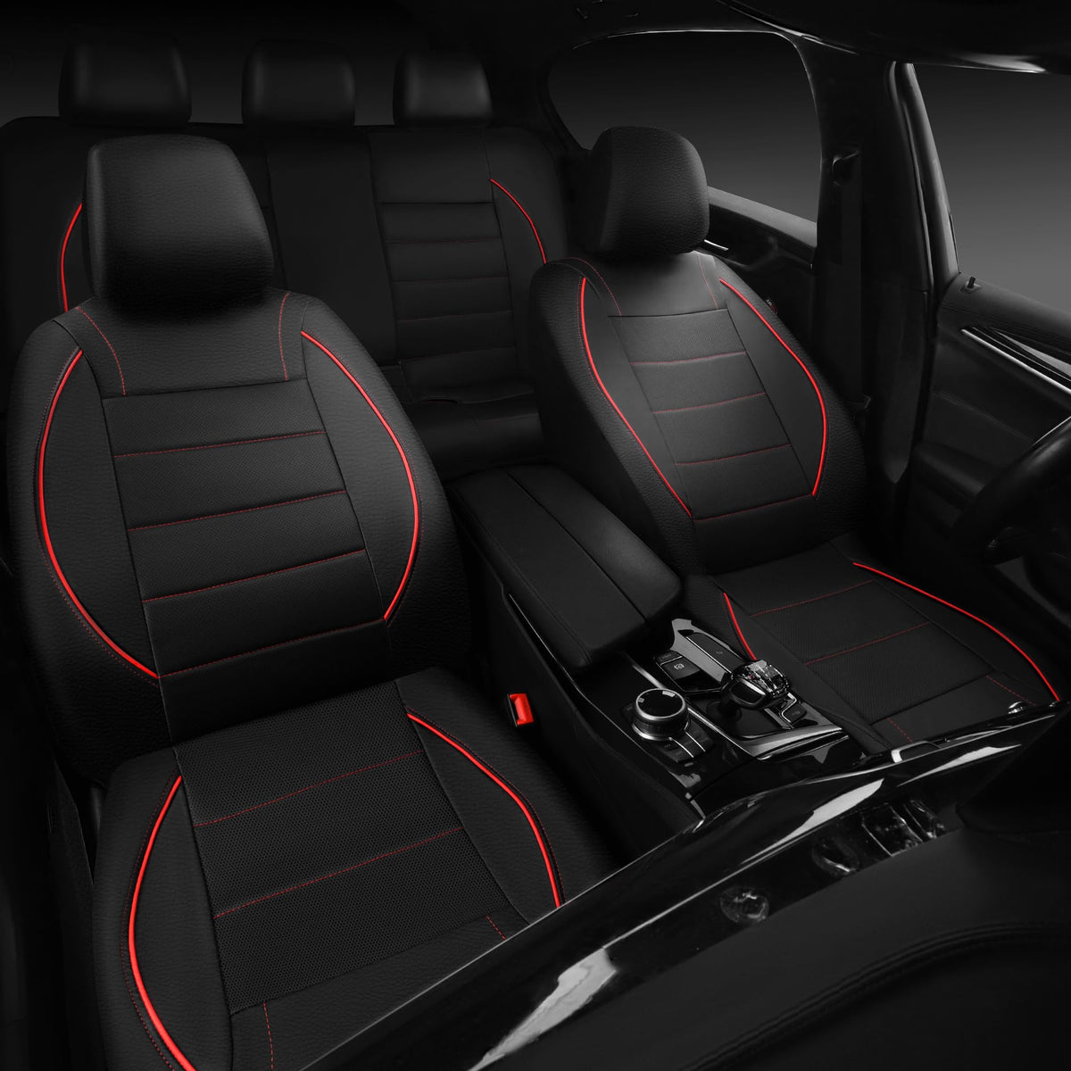 Black Red Faux Leather Front Seat Covers T603