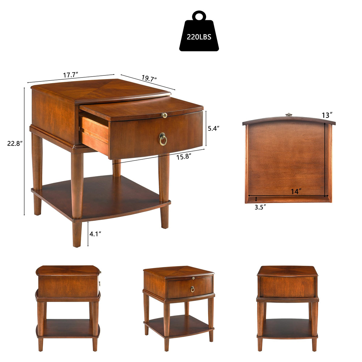 Large Cherry Wood 2-Tier Side Table with Drawer and Shelf Q87476