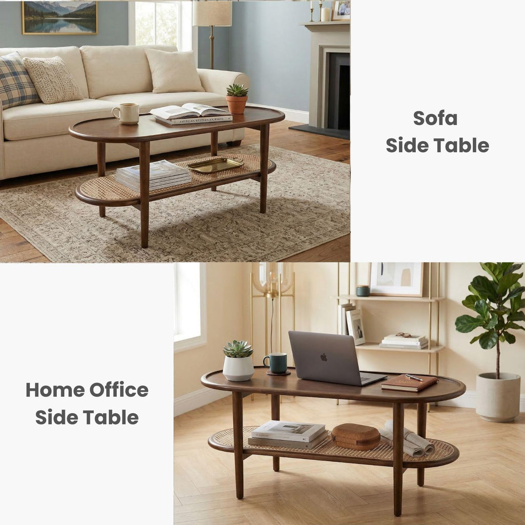 Oval 2-Tier Coffee Table with Rattan Storage Shelf U366314