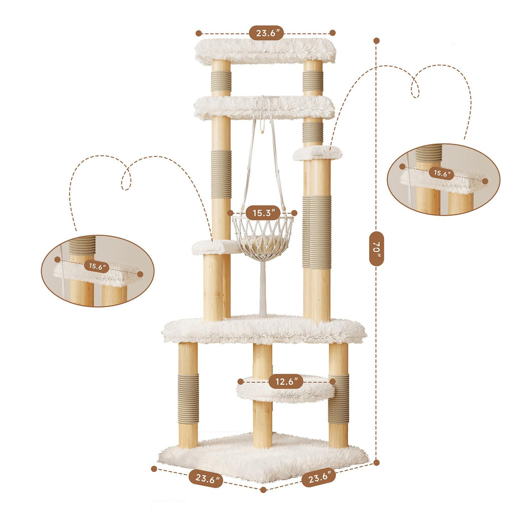 70" Solid Wooden Cat Tree Tower with Sisal Scratching Post & Hammock Q12365