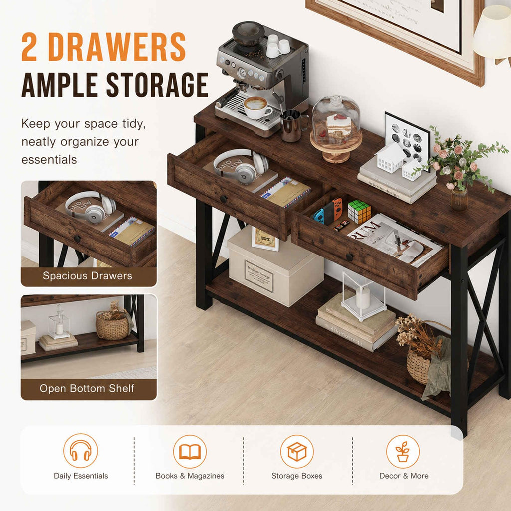 Rustic Oak 47 Inch Console Table with 2 Drawers Y335