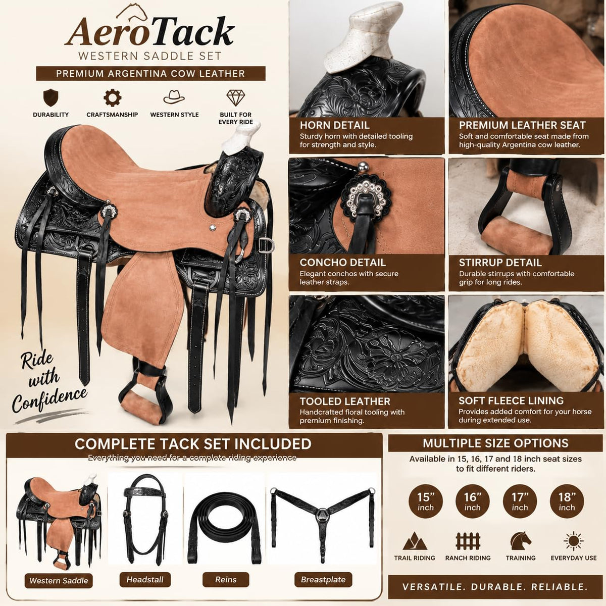 Argentina Cow Leather Saddle Set with Headstall, Reins & Breastplate W841390