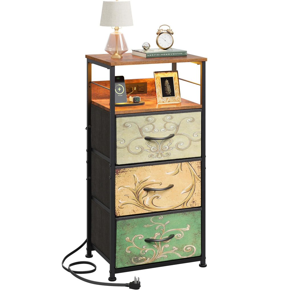Night Stand with Charging Station, 3 Drawer Bedside Table Z4207