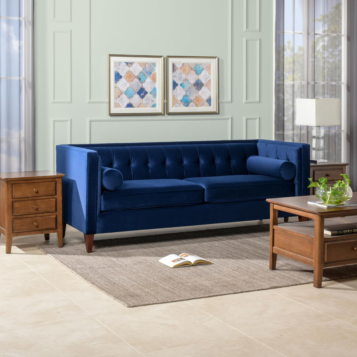 84" Tufted Navy Blue Velvet Sofa with Two Reversible Cushions N2149