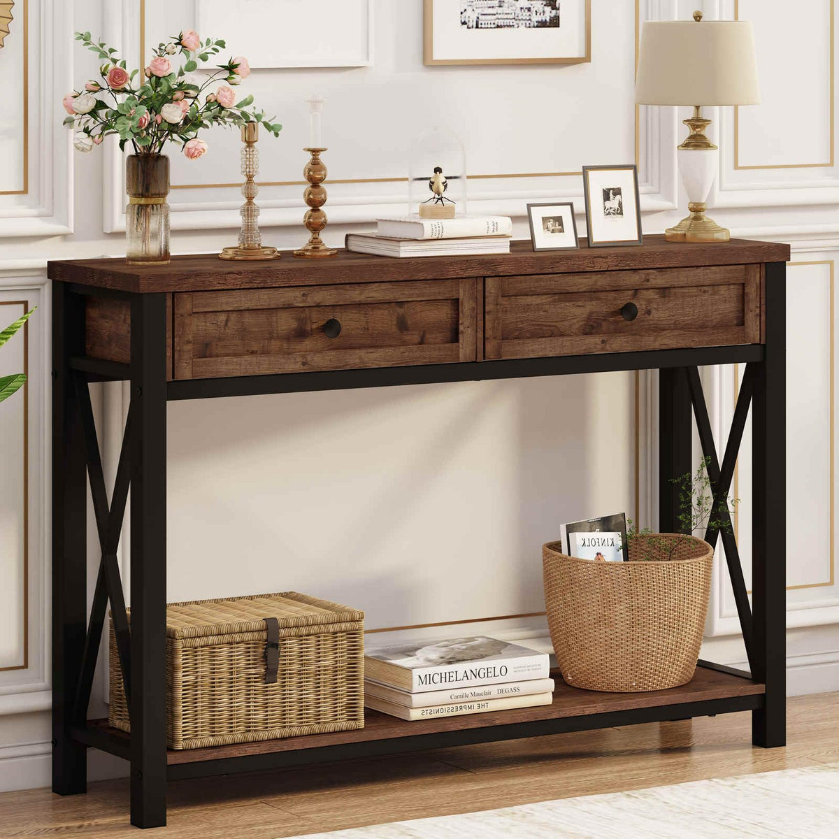 Rustic Oak 47 Inch Console Table with 2 Drawers Y335