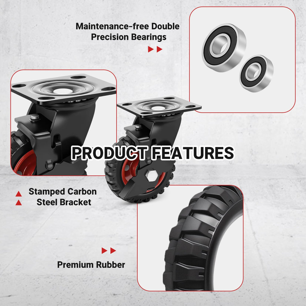 5 Inch Heavy Duty Rubber Casters Set of 4 with Brake Z221