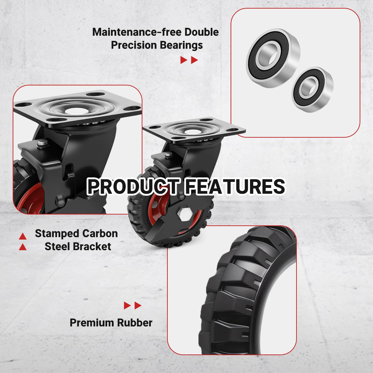 5 Inch Heavy Duty Rubber Casters Set of 4 with Brake Z221