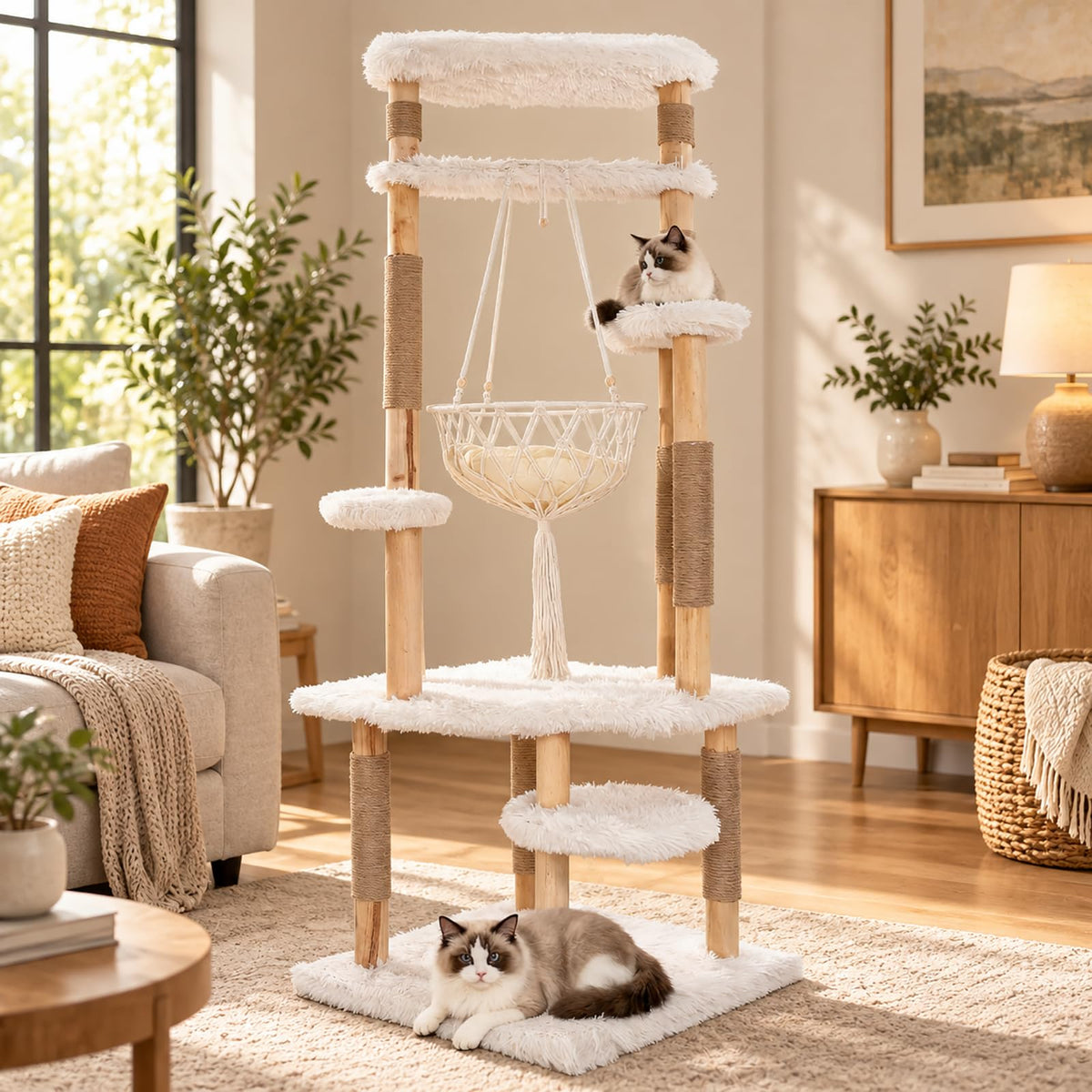 70" Solid Wooden Cat Tree Tower with Sisal Scratching Post & Hammock Q12365