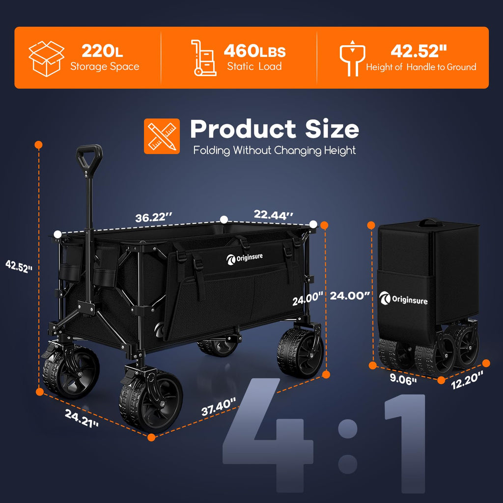 220L Collapsible Beach Wagon Cart with Big Wheels, Black H103988